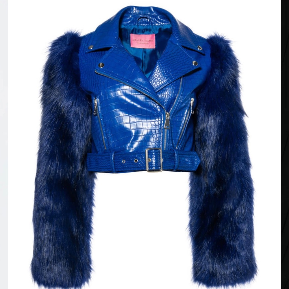Blue faux leather and fur jacket